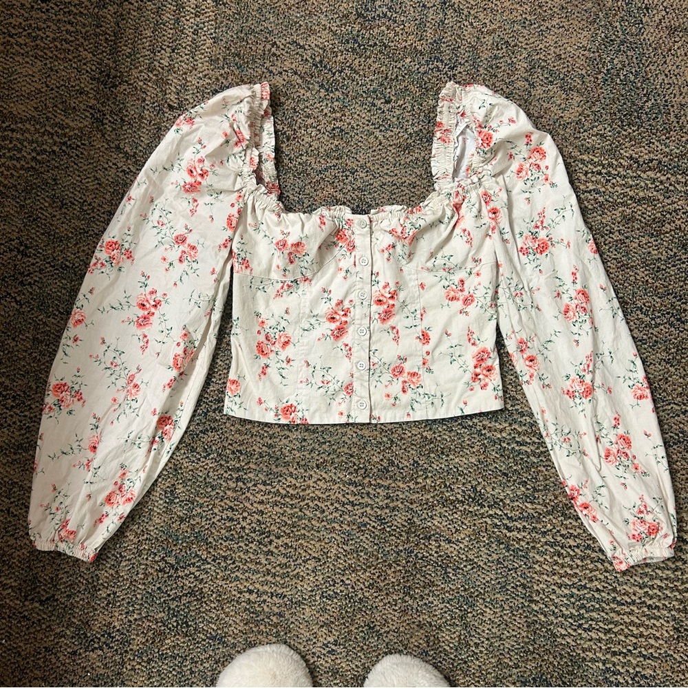 WeWoreWhat Floral Button-Up Blouse - White and Pink
